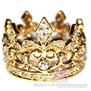 Brass Goldtone Crown Clear Cubic Zirconia Fleur-de-Lis Ring Size 9